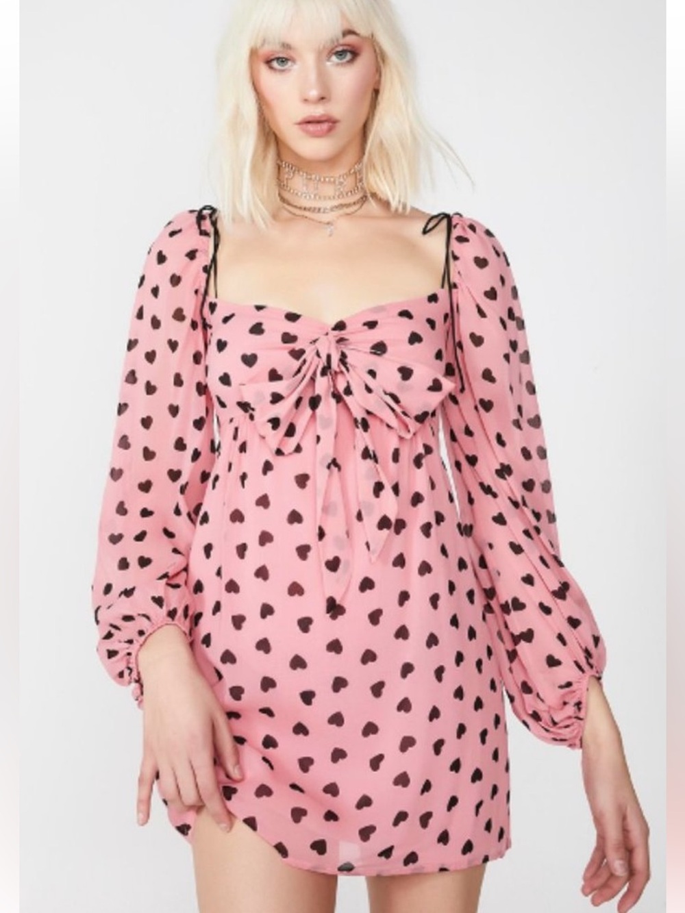 For Love & Lemons Tallulah Swing Mini Dress Silk Pink Hearts Coquette Size S - Picture 2 of 16